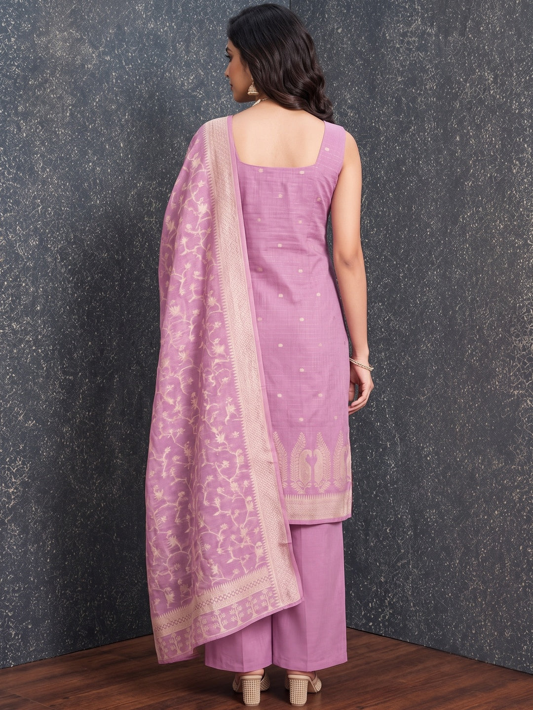 Peachmode Pink Cotton Dress Material with Ethnic Motifs - Image 3