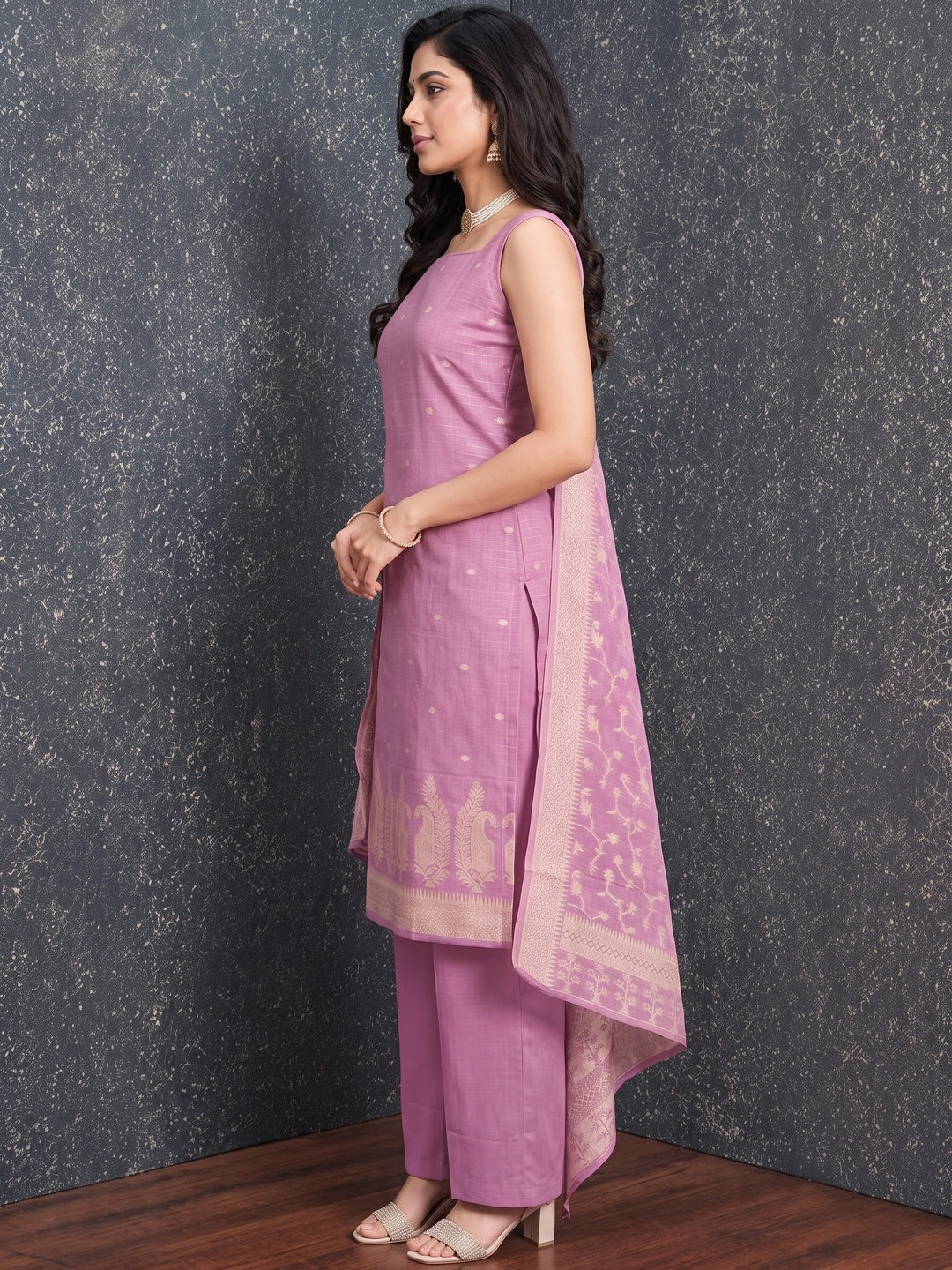 Peachmode Pink Cotton Dress Material with Ethnic Motifs - Image 4