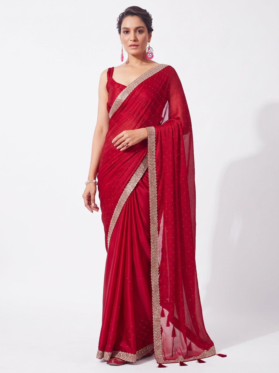 Red Embroidered Swaroski Work Satin Saree - Image 1
