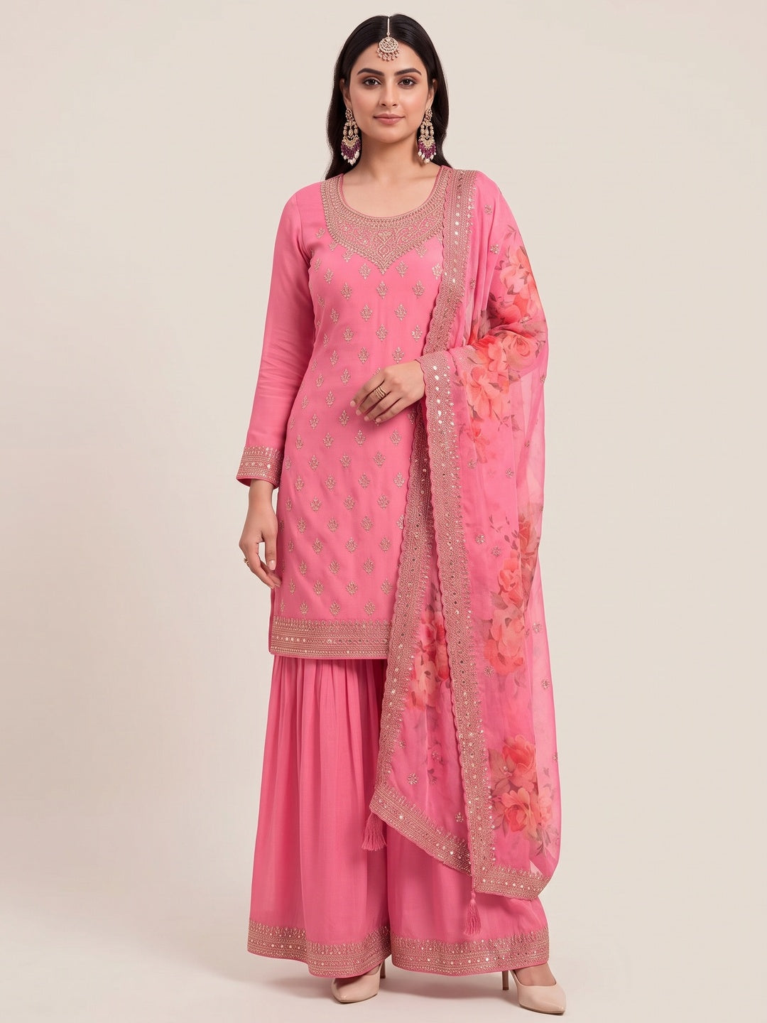 Pink Embroidered Chinon Semi Stitched Dress Material With Palazzo - Image 2