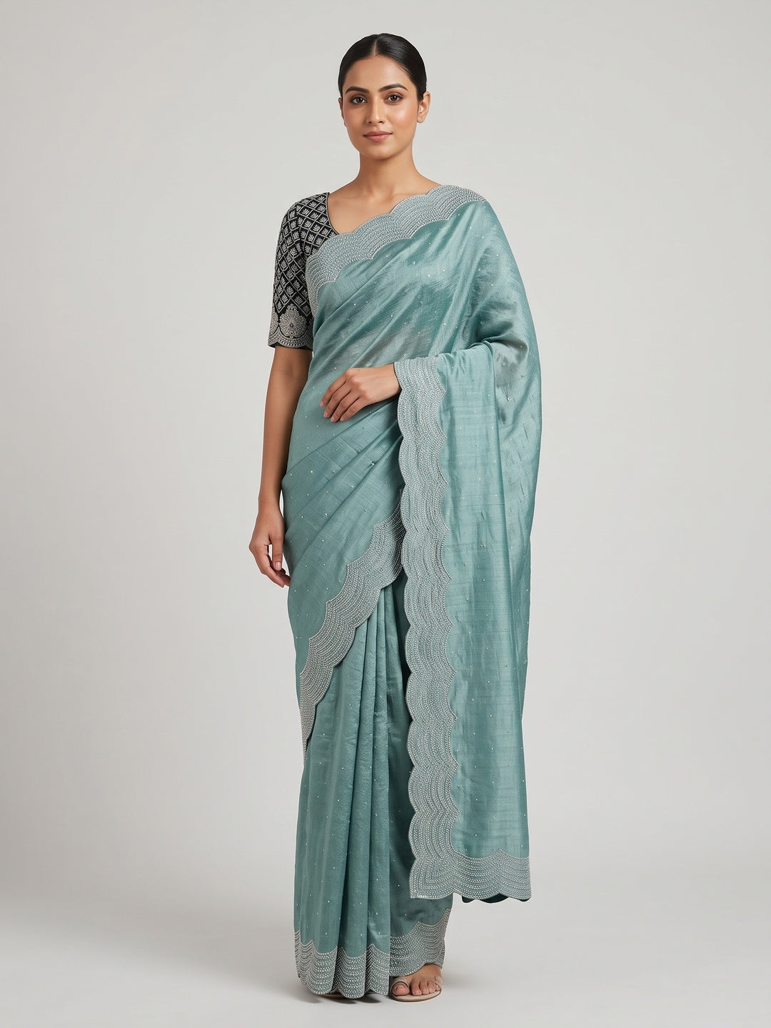 Sea Green Shimmering Swarovski Embroidered Vichitra Silk Saree - Image 1