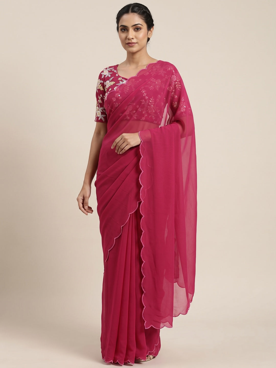 Pink Solid Georgette Saree - Image 1