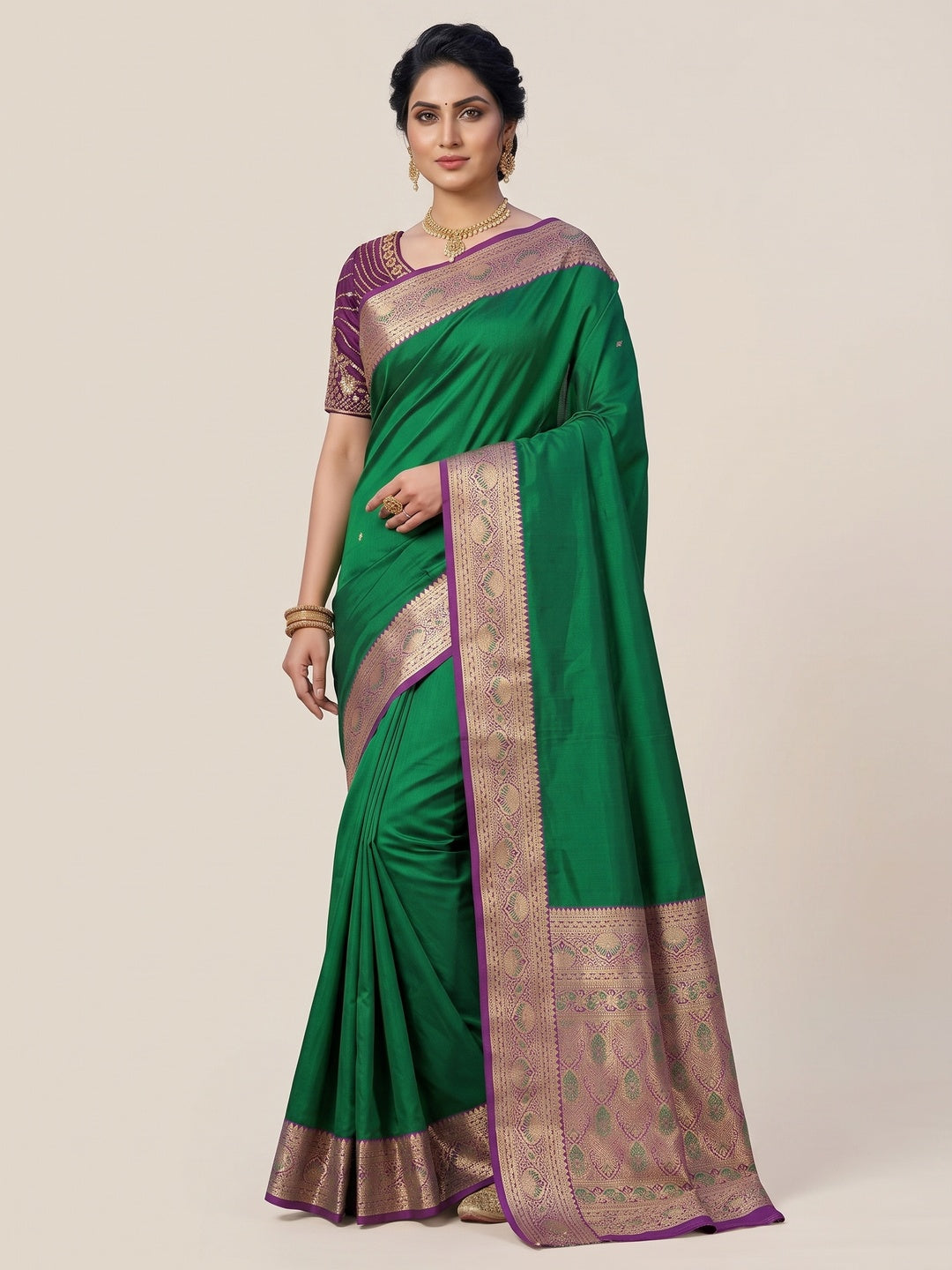 Green Pure Silk Saree with Detailed Woven Border and Ready to Wear Stitched Blouse - Image 2