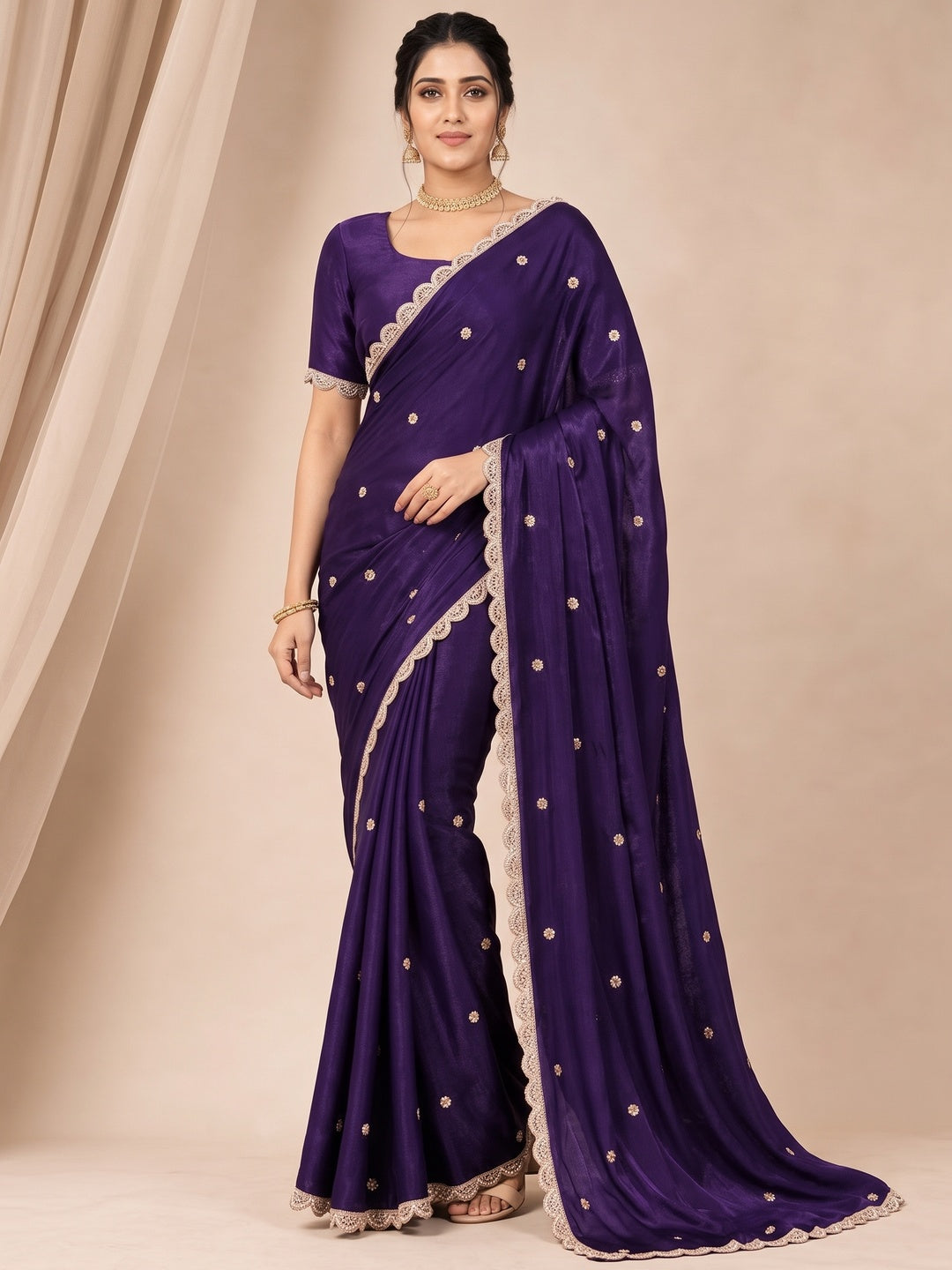 Peachmode Purple Fendy Satin Saree with Embroidered Border - Image 4