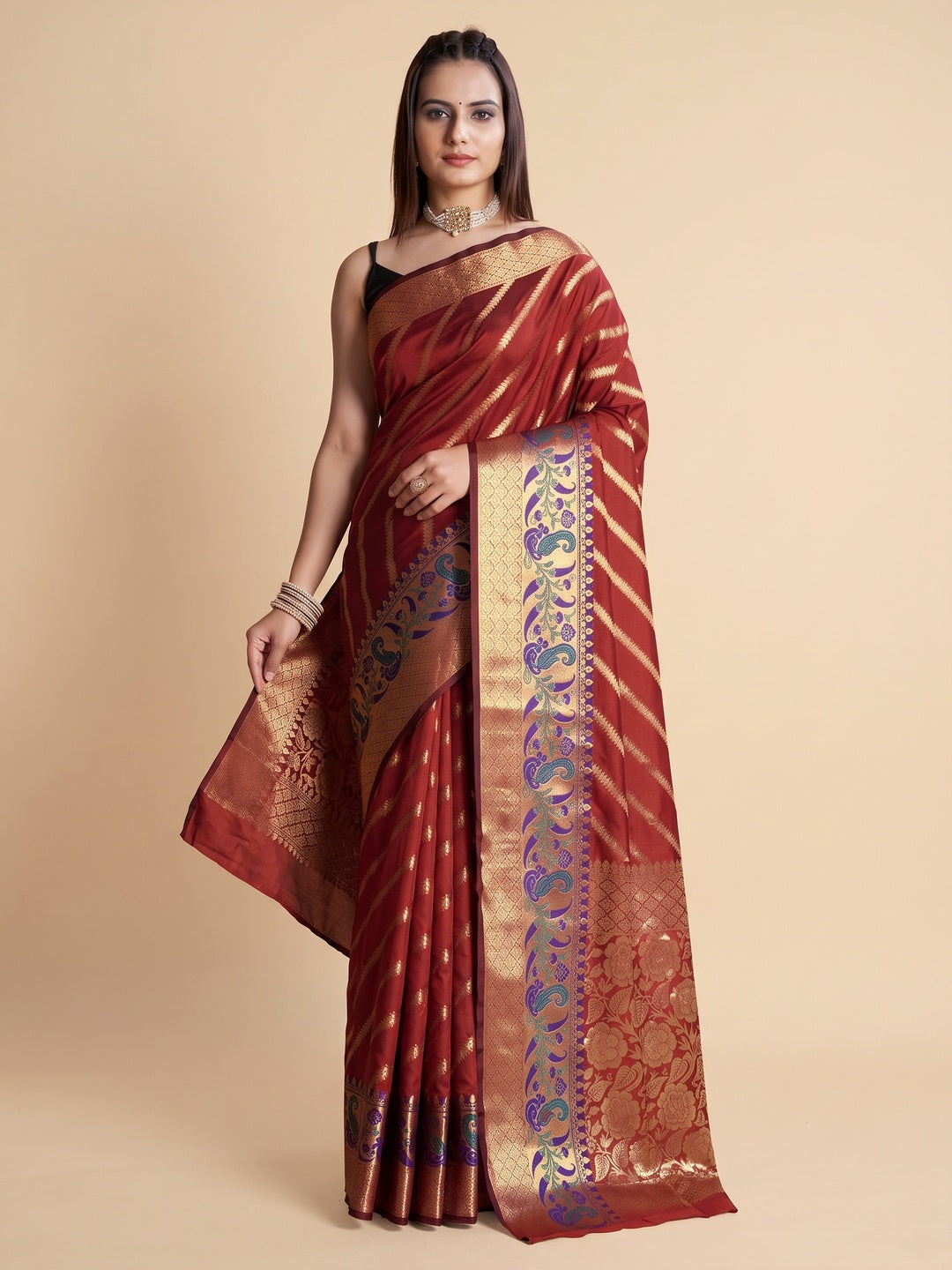 Maroon Zari Weaving Banarasi Silk Saree - Image 1