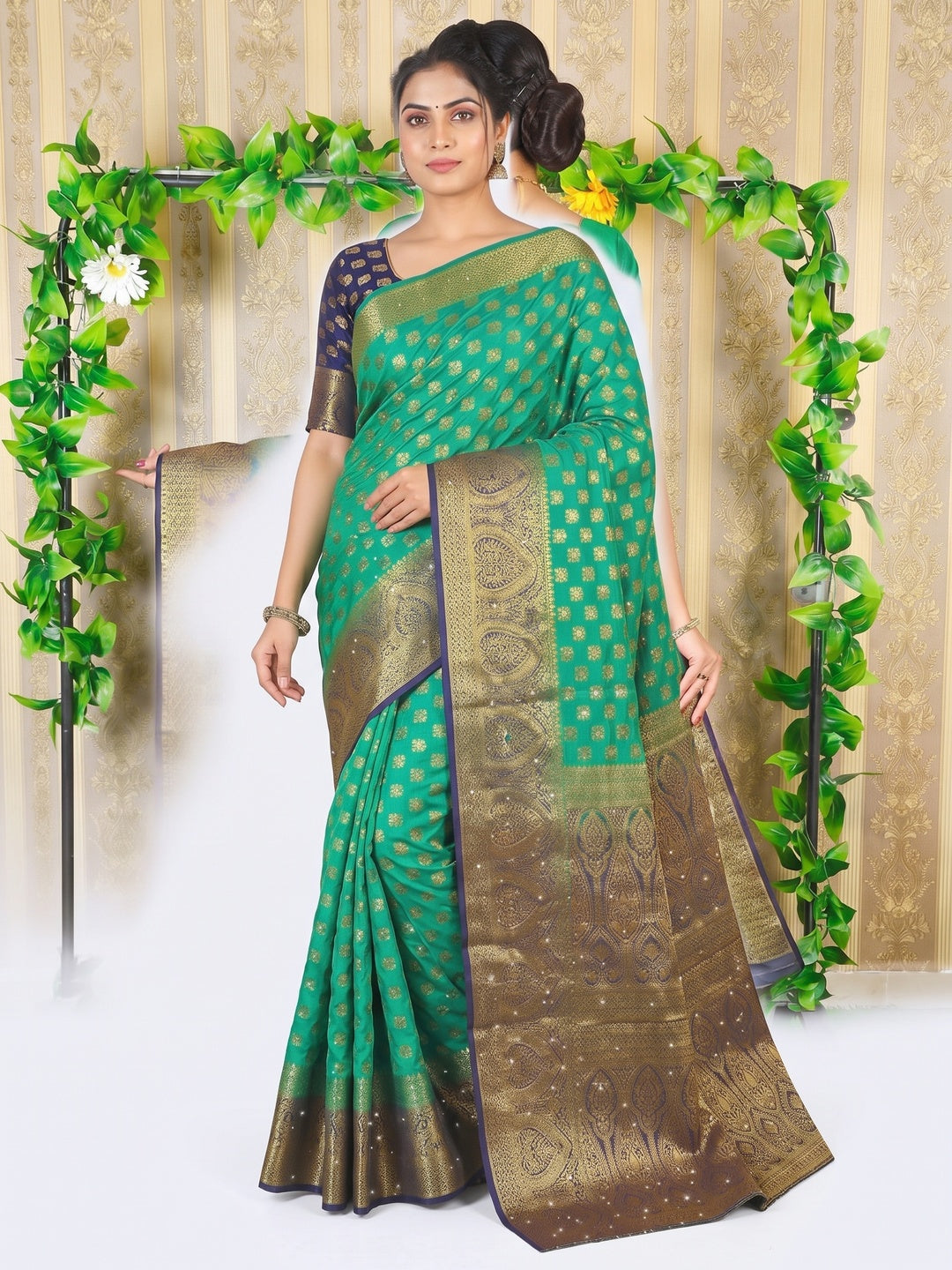 Green Woven With Stone Work Banarasi Silk Saree - Image 8