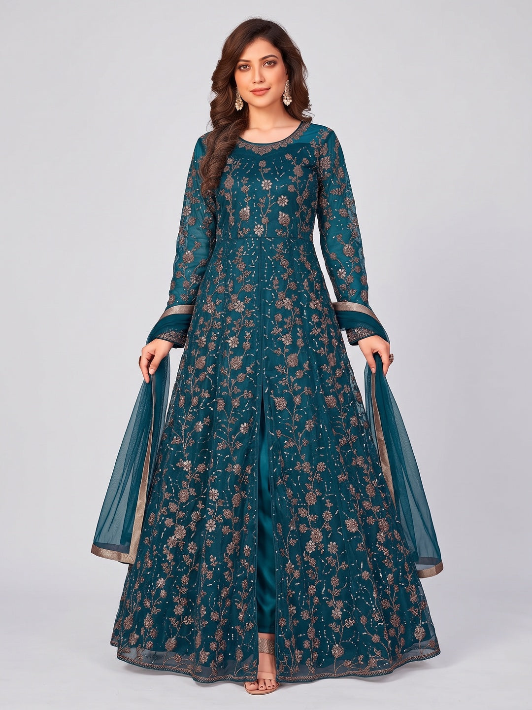Morpich Embroidered Net Semi Stitched Anarkali Style Suit - Image 1