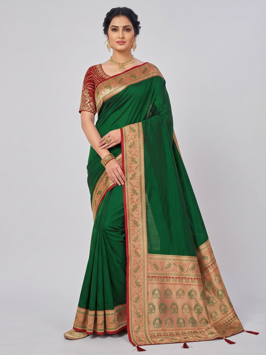 Dark Green Pure Silk Saree with Elegant Woven Border and Ready Stitched Blouse Piece - Image 2