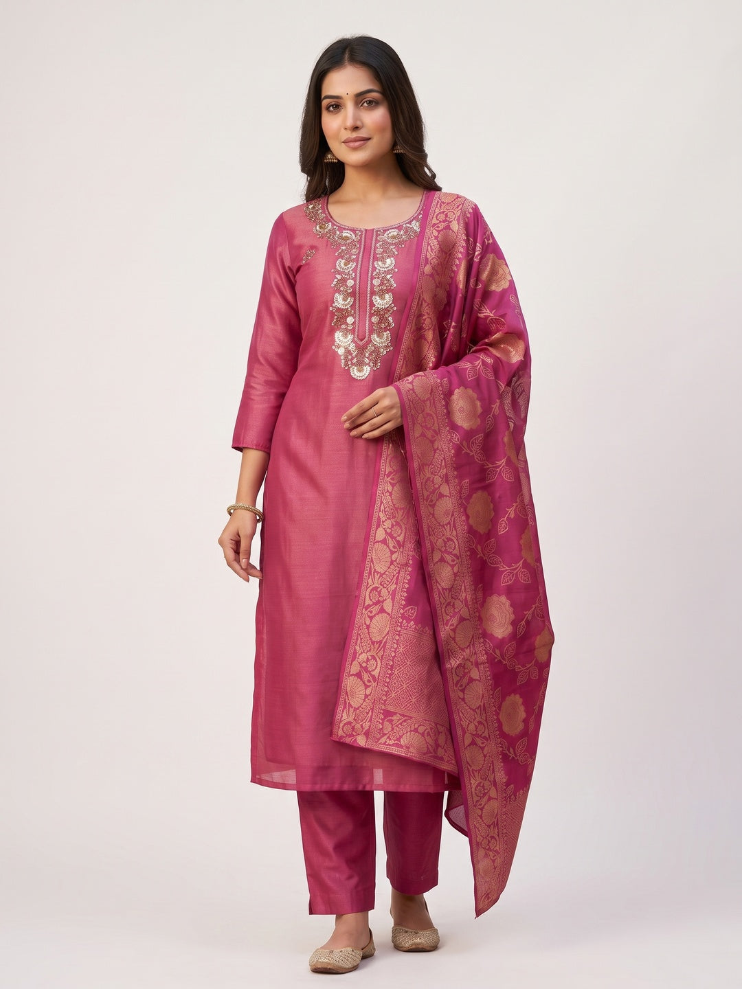 Pink Shimmer Unstitched Dress Material with Exquisite Sequins Work - Image 4