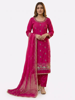 Graceful Pink Embroidered Cotton Silk Dress Material With Beads & Mirror Handwork - Image 2