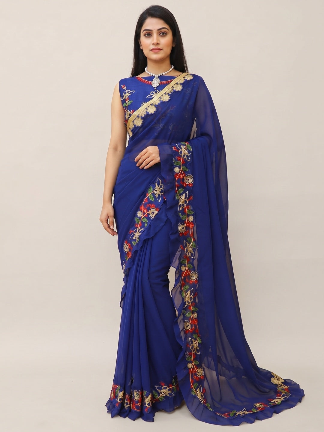 Navy Blue Embroidered Georgette Saree - Image 5