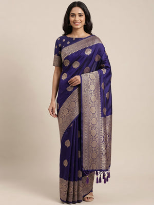 Navy Blue Pure Banarasi Silk Saree Adorned with Intricate Zari Butti Woven Detailing - Image 1