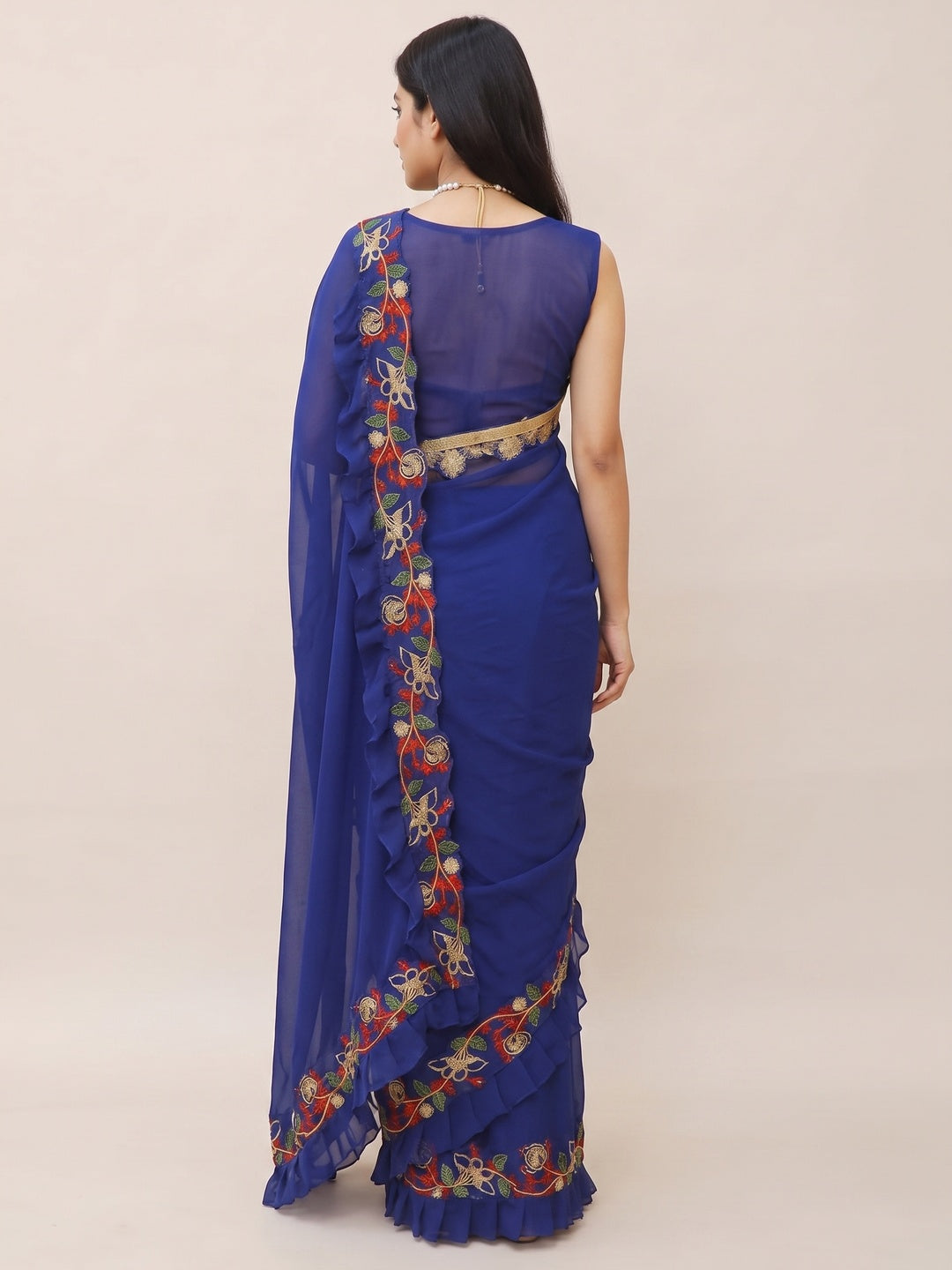 Navy Blue Embroidered Georgette Saree - Image 6