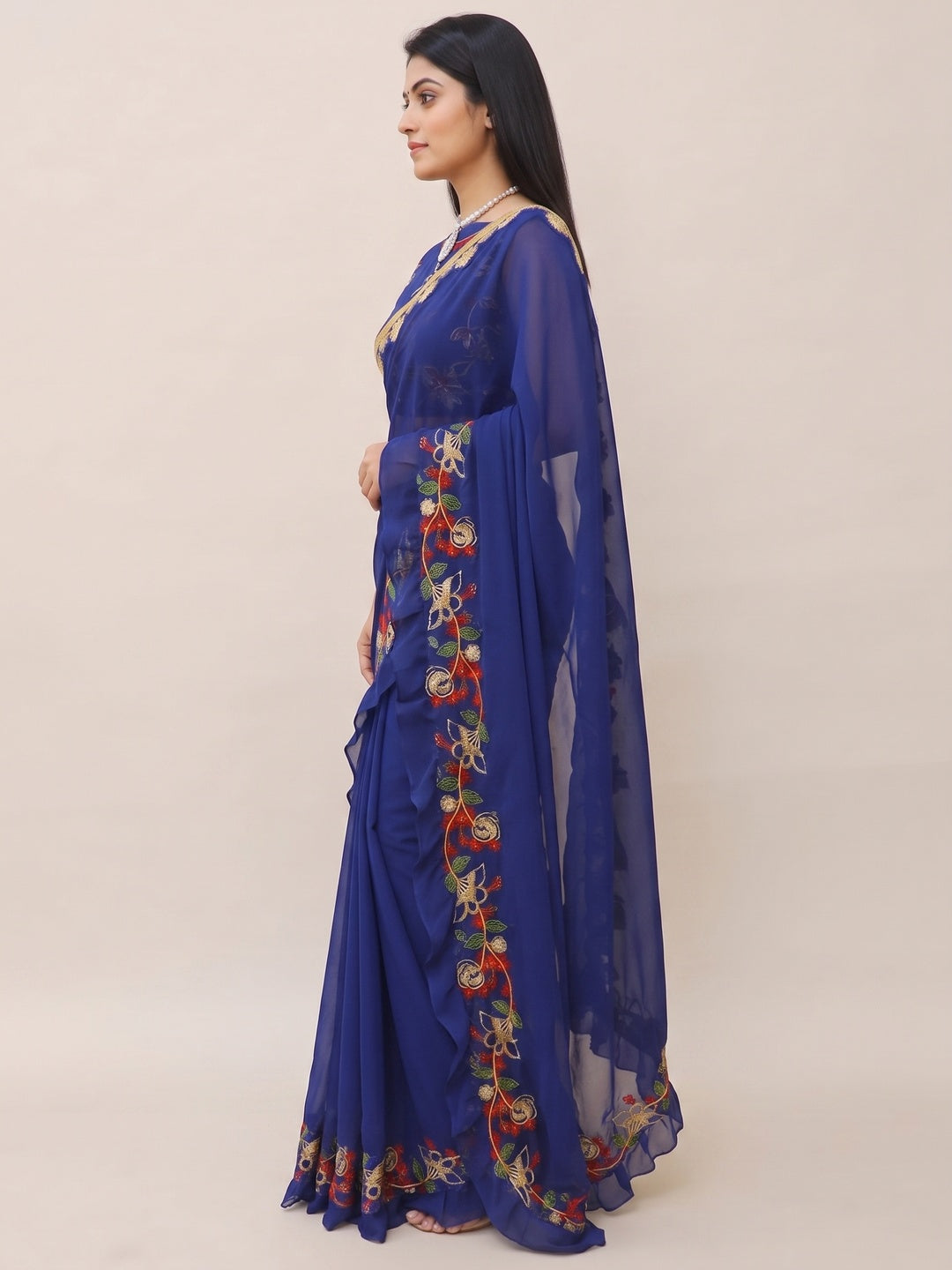 Navy Blue Embroidered Georgette Saree - Image 7