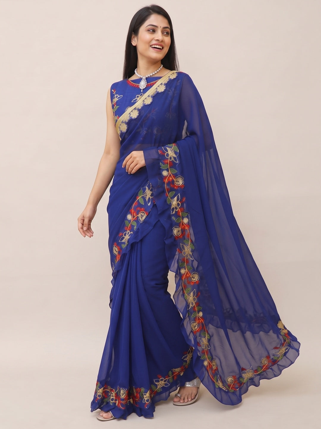 Navy Blue Embroidered Georgette Saree - Image 8