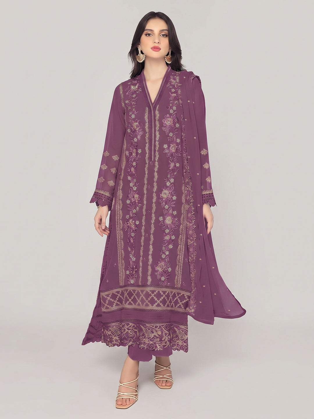 Dark Mauve Floral Embroidered Georgette Semi Stitched Pakistani Suit - Image 1
