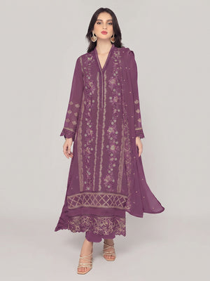 Dark Mauve Floral Embroidered Georgette Semi Stitched Pakistani Suit - Image 1