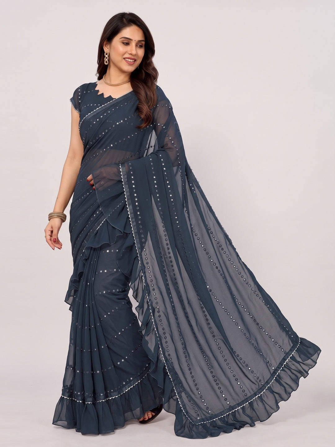 Blue Mirror Work Embroidered Georgette Saree With Ruffle Border - Image 2
