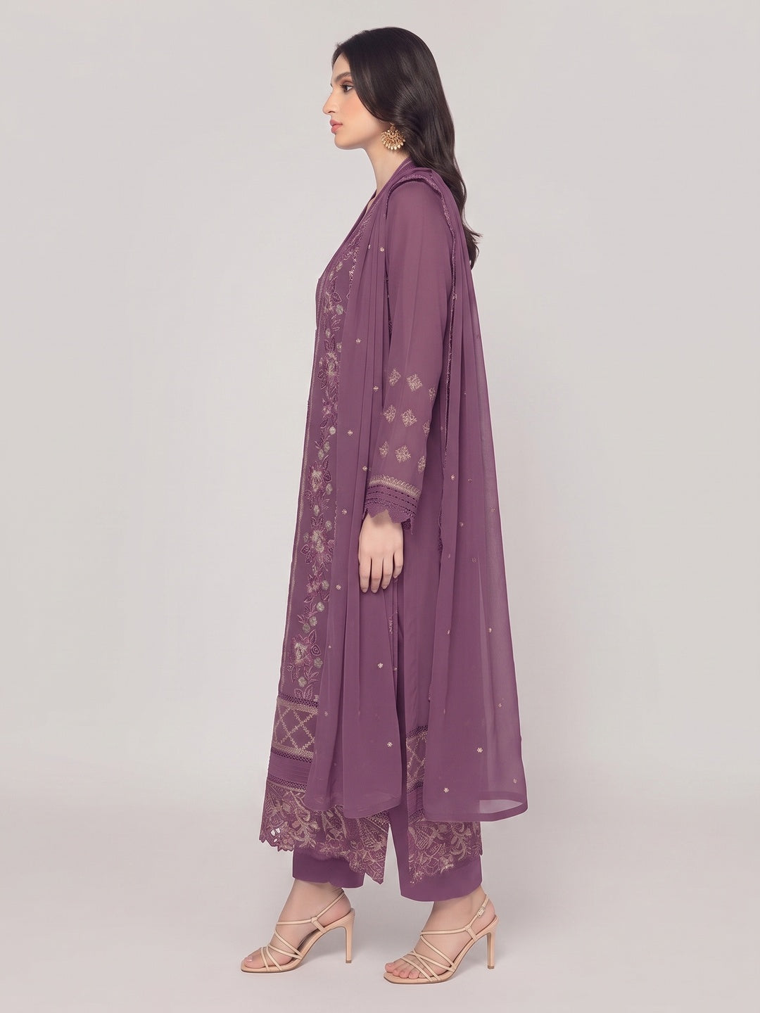 Dark Mauve Floral Embroidered Georgette Semi Stitched Pakistani Suit - Image 4