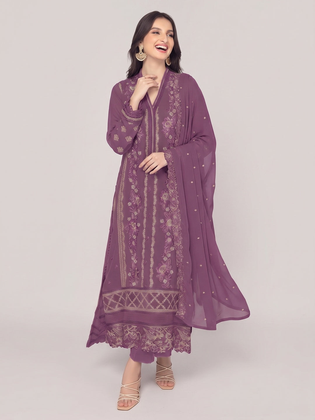 Dark Mauve Floral Embroidered Georgette Semi Stitched Pakistani Suit - Image 2