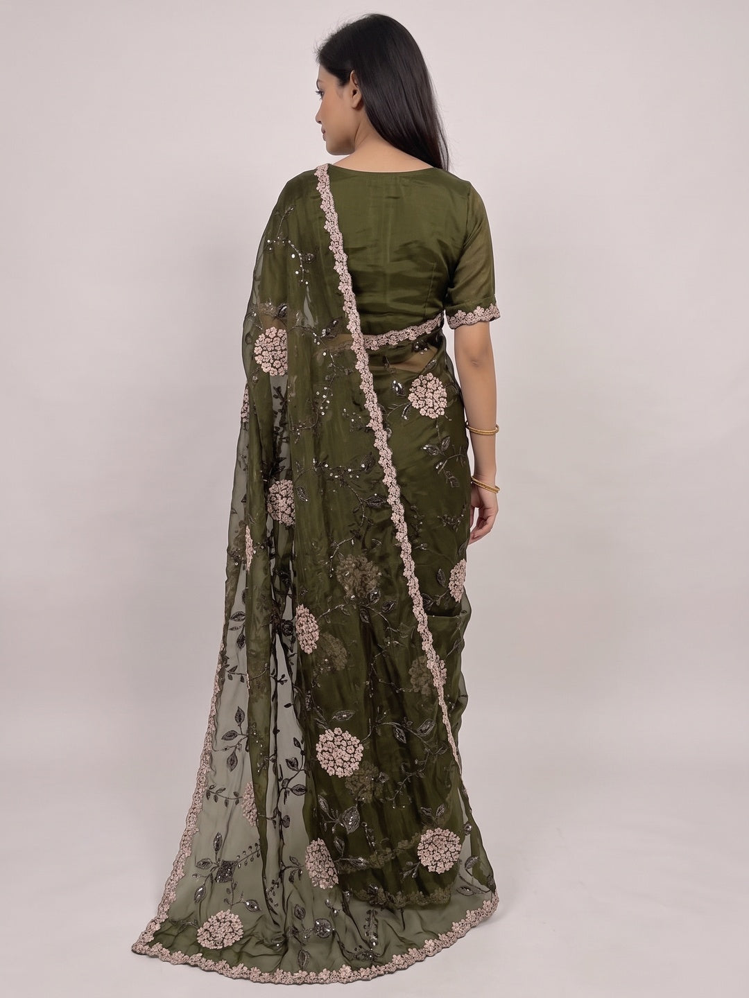Green Sequins Embroidered Chiffon Saree - Image 3