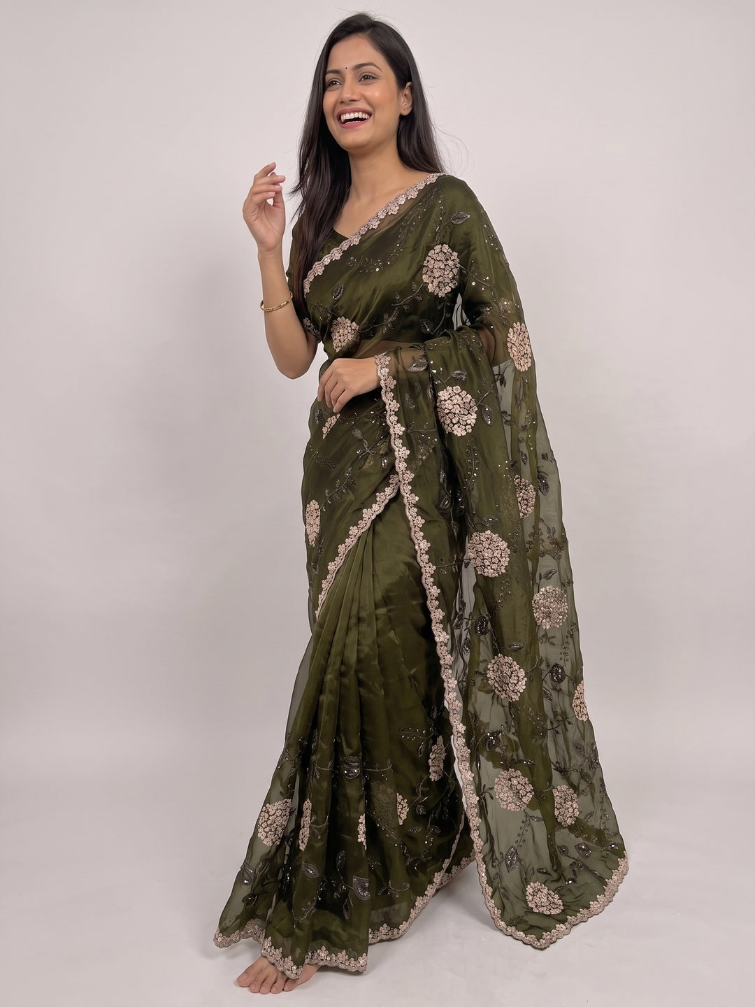 Green Sequins Embroidered Chiffon Saree - Image 4