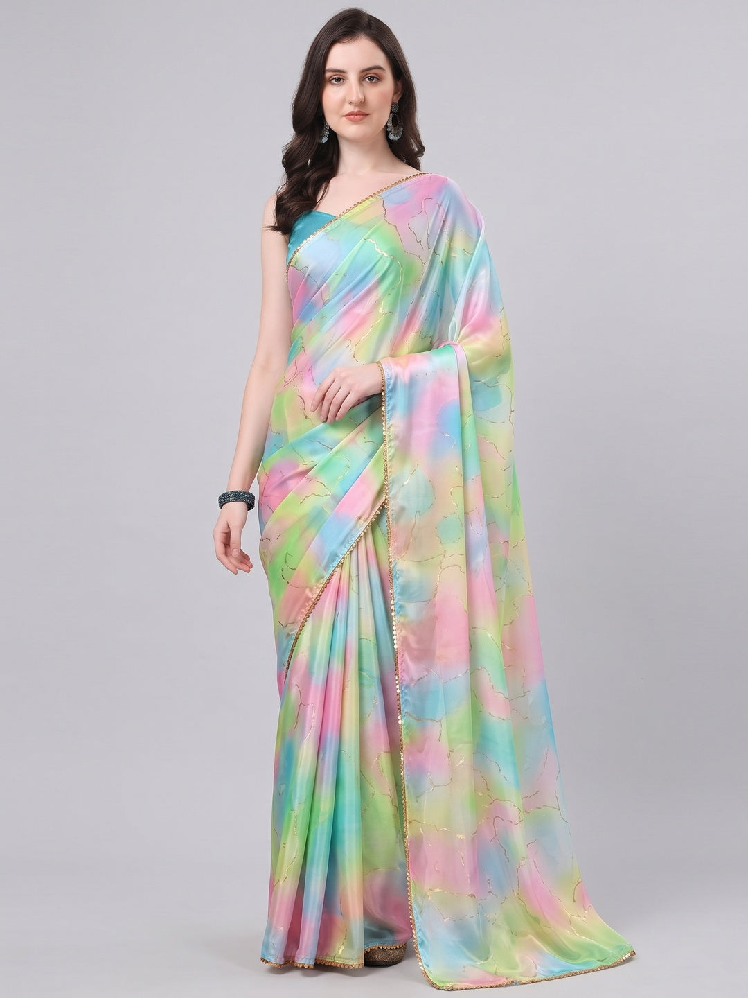 Multicolor Foil Printed Chiffon Saree With Fancy Border - Image 1