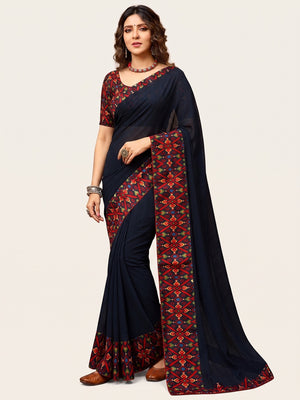 Blue Printed Georgette Saree With Lace Border - Image 2