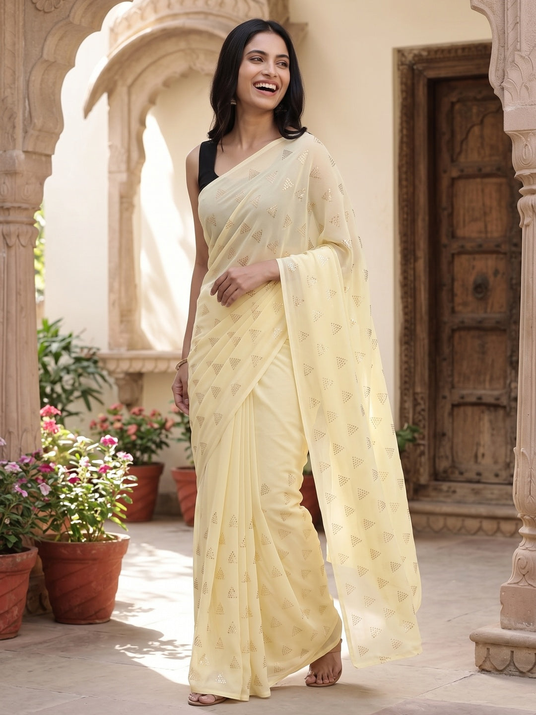 Light Yellow Embellished Work Georgette Saree - Image 8