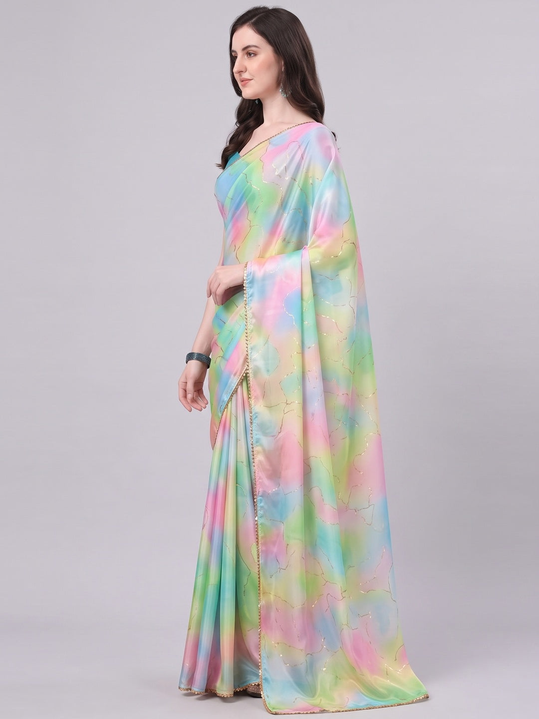 Multicolor Foil Printed Chiffon Saree With Fancy Border - Image 3