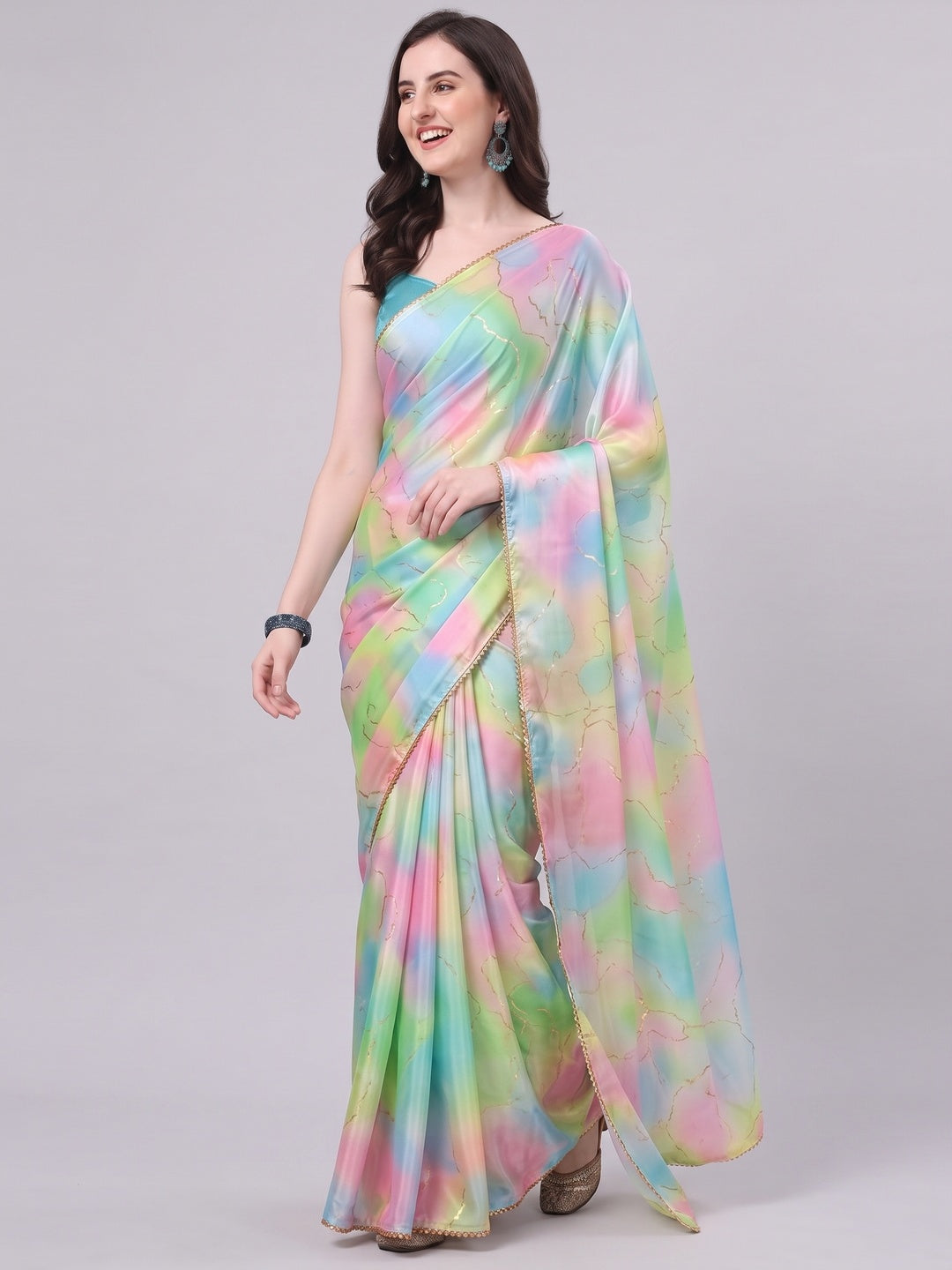 Multicolor Foil Printed Chiffon Saree With Fancy Border - Image 4