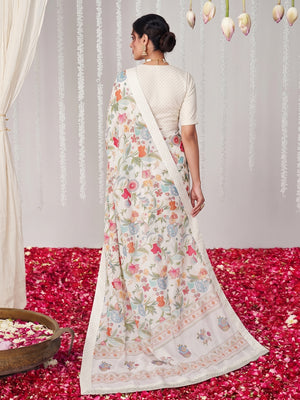 White Floral Printed Chiffon Saree - Image 2