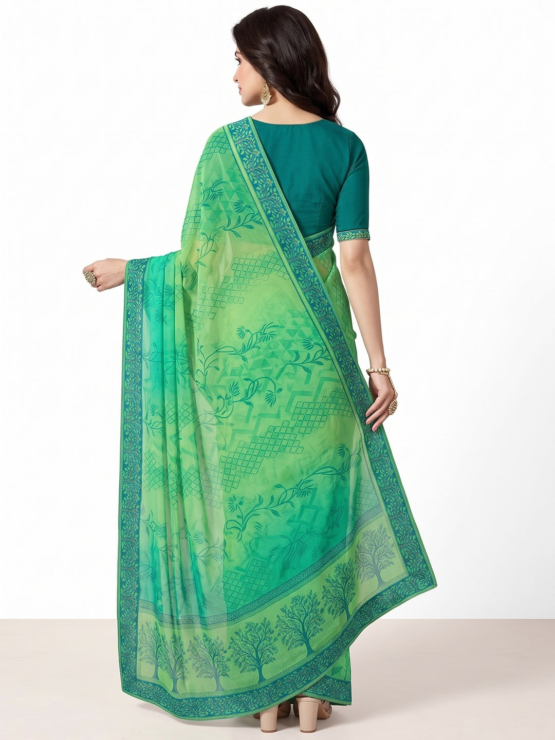 Green Floral Printed Georgette Saree - Image 3