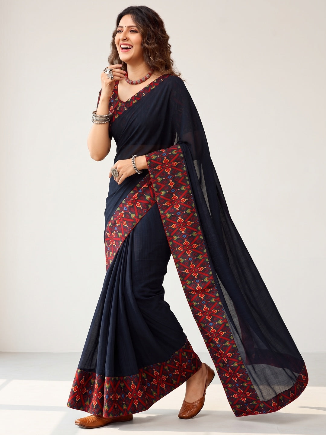 Blue Printed Georgette Saree With Lace Border - Image 5