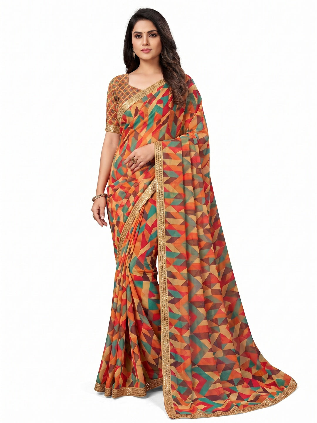 Multicolor Geometric Digital Printed Georgette Saree With Fancy Lace Border - Image 1