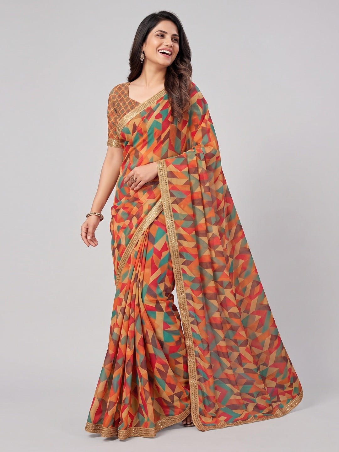 Multicolor Geometric Digital Printed Georgette Saree With Fancy Lace Border - Image 4