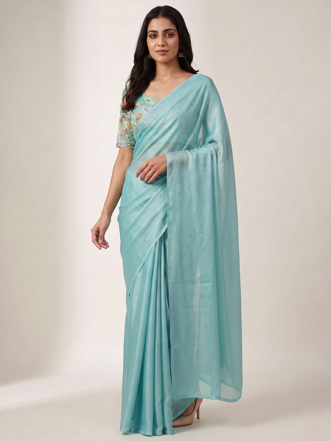 Aqua Blue Solid Chiffon Saree - Image 5