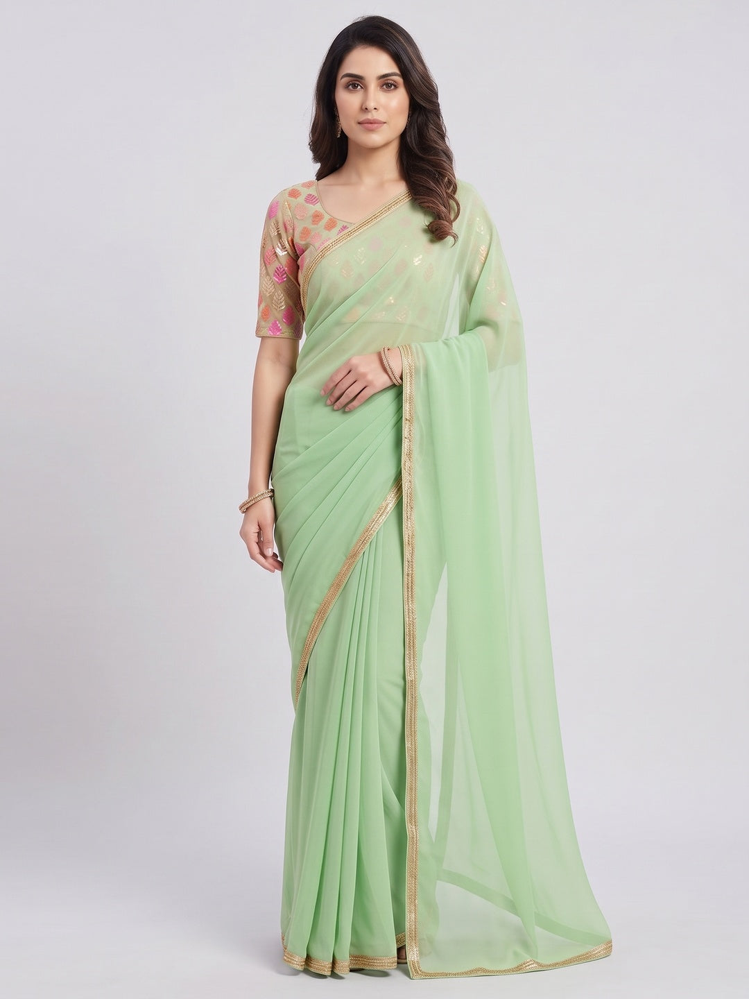 Green Solid Chiffon Saree - Image 5