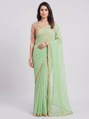 Green Solid Chiffon Saree - Image 5