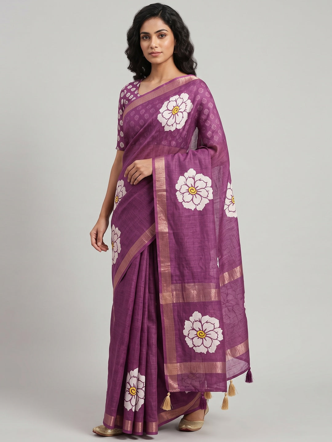 Graceful Purple Floral Printed Saree in Linen Silk with Delicate Tassel Accents - Image 1