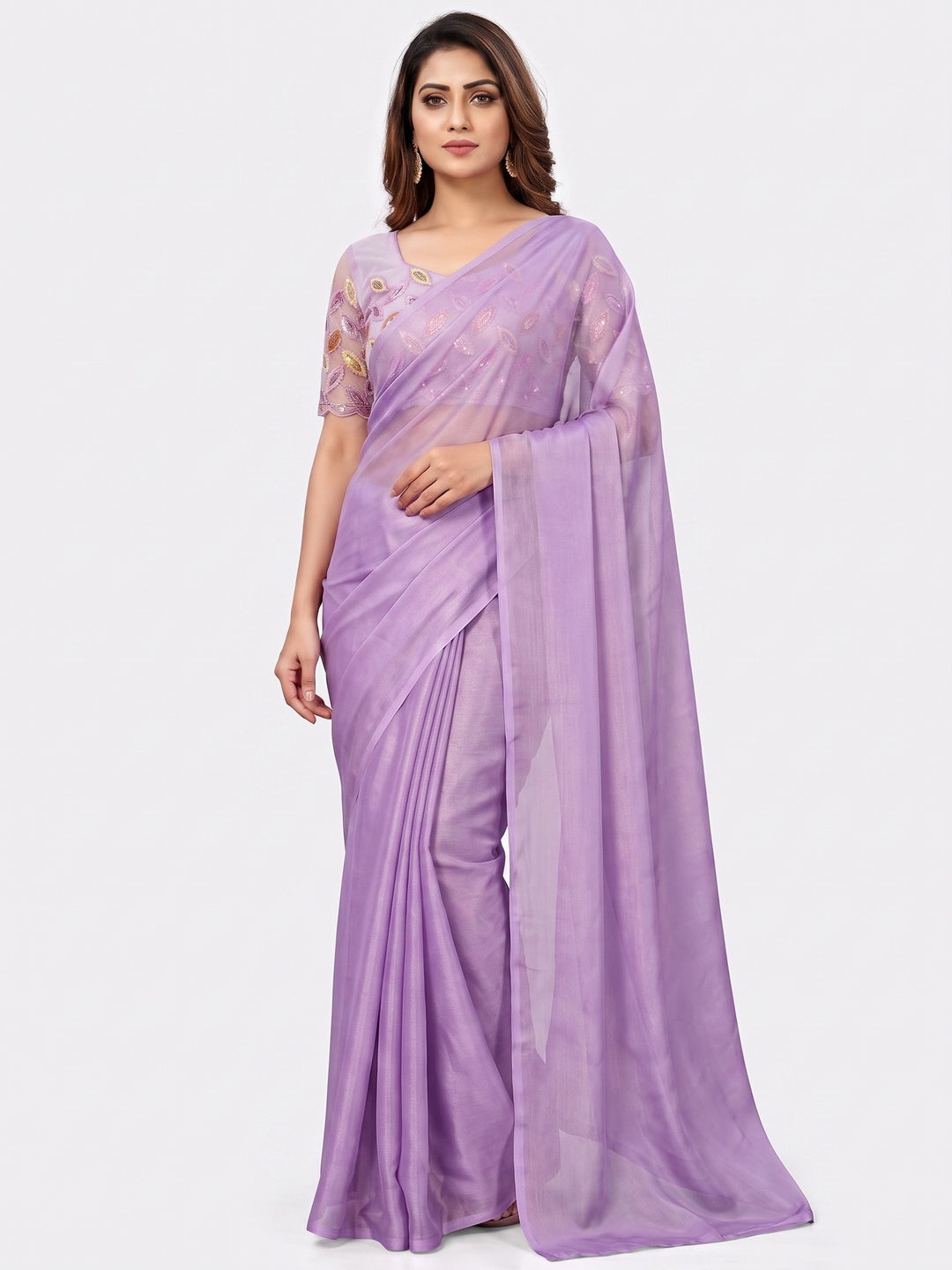 Lavender Solid Chiffon Saree - Image 5