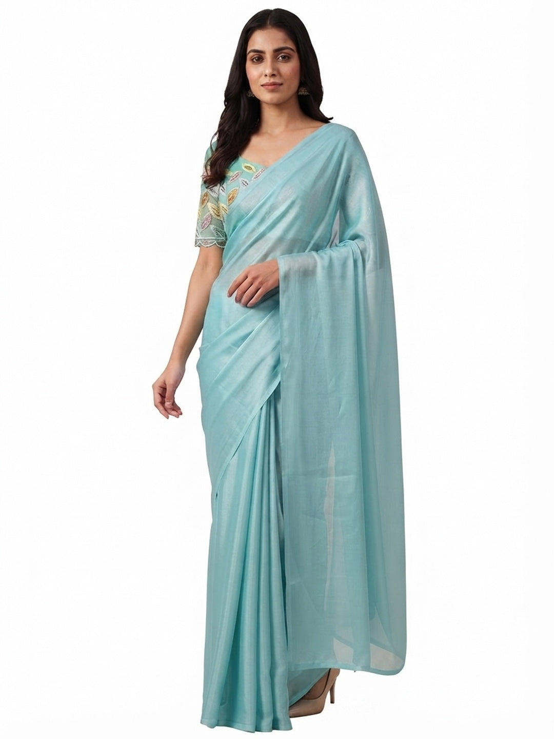 Aqua Blue Solid Chiffon Saree - Image 1