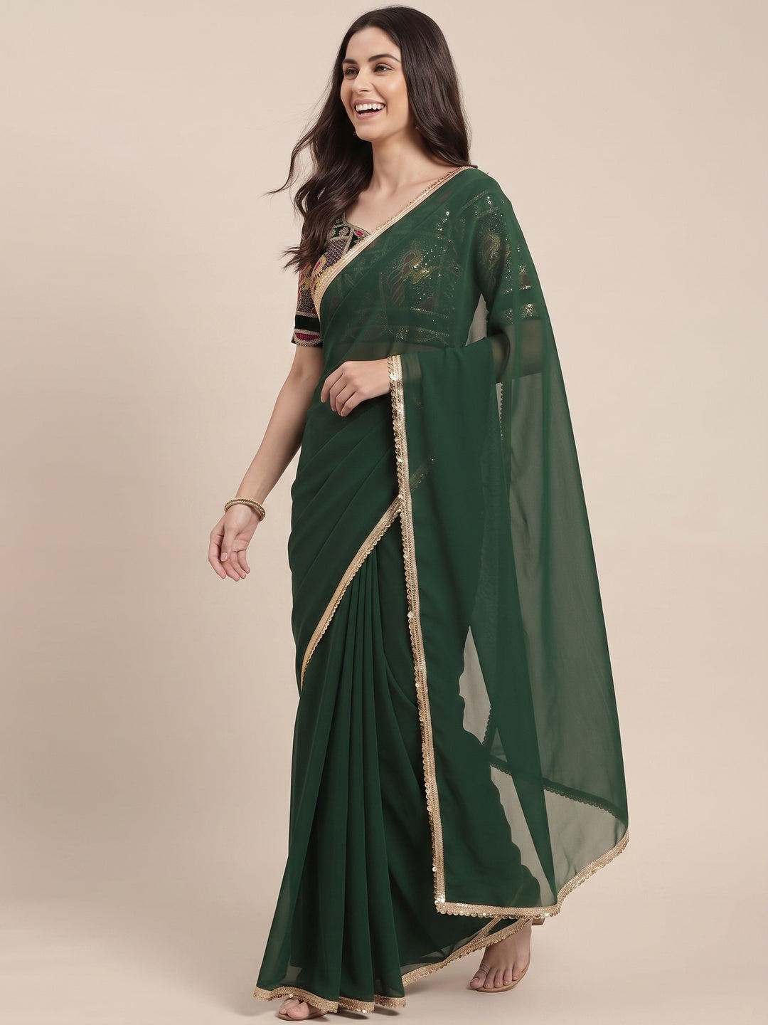 Green Solid Georgette Saree With Sequins Border - Image 8