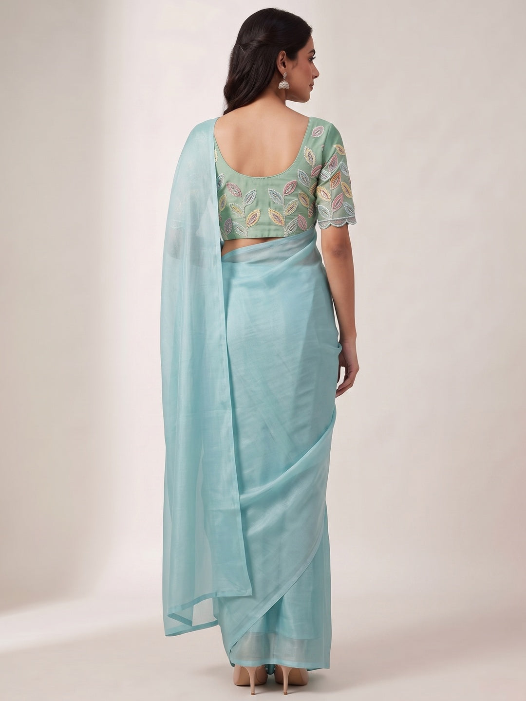 Aqua Blue Solid Chiffon Saree - Image 6