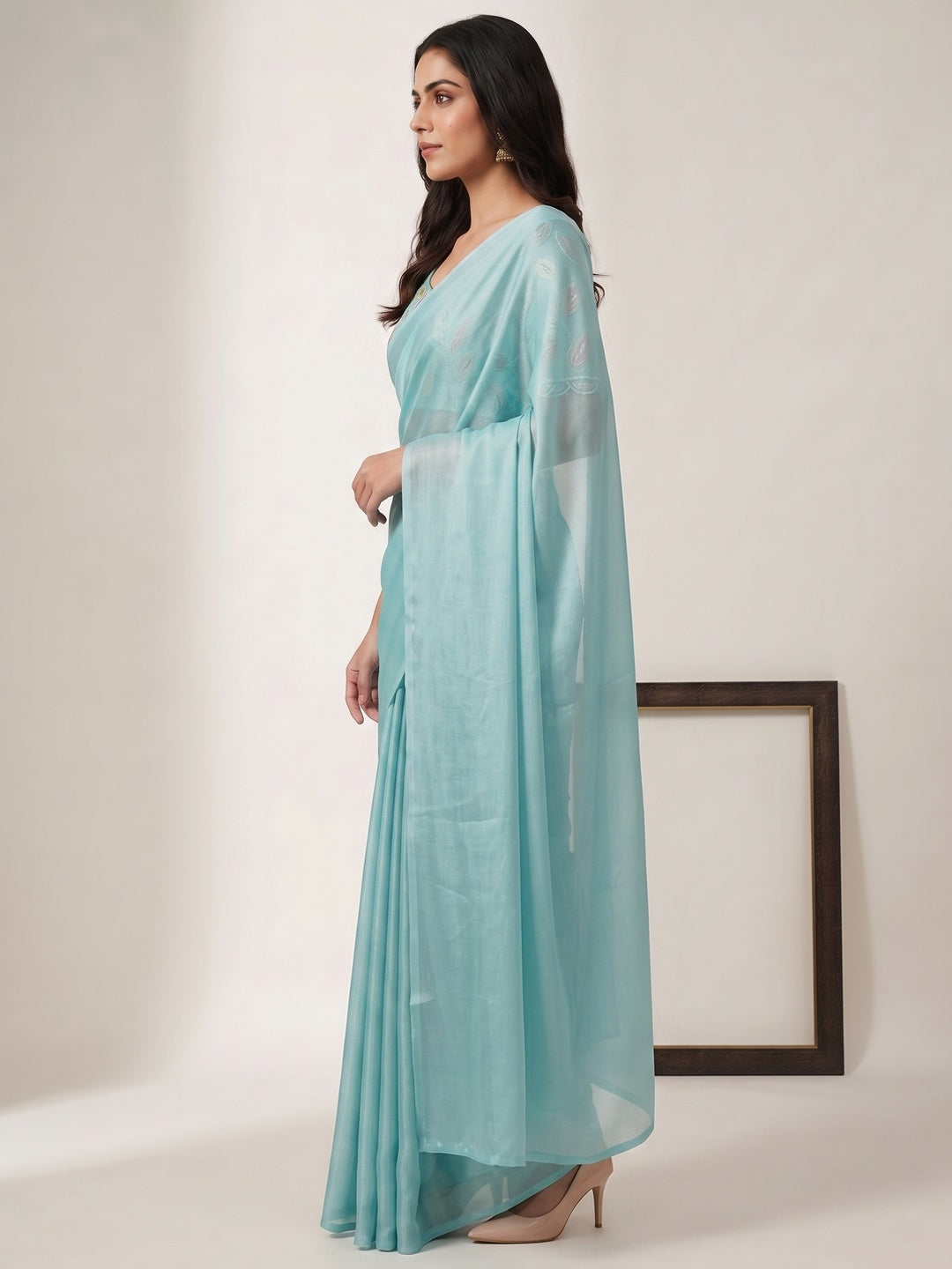 Aqua Blue Solid Chiffon Saree - Image 7