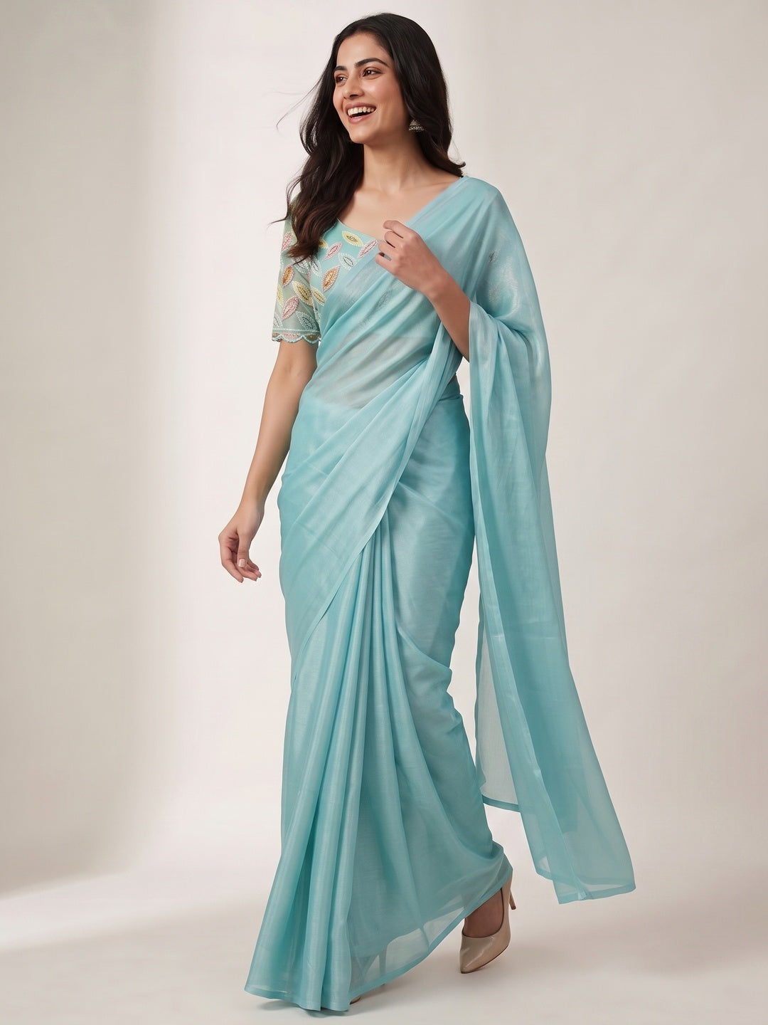Aqua Blue Solid Chiffon Saree - Image 8