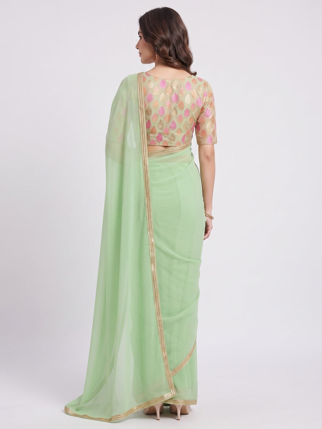 Green Solid Chiffon Saree - Image 6