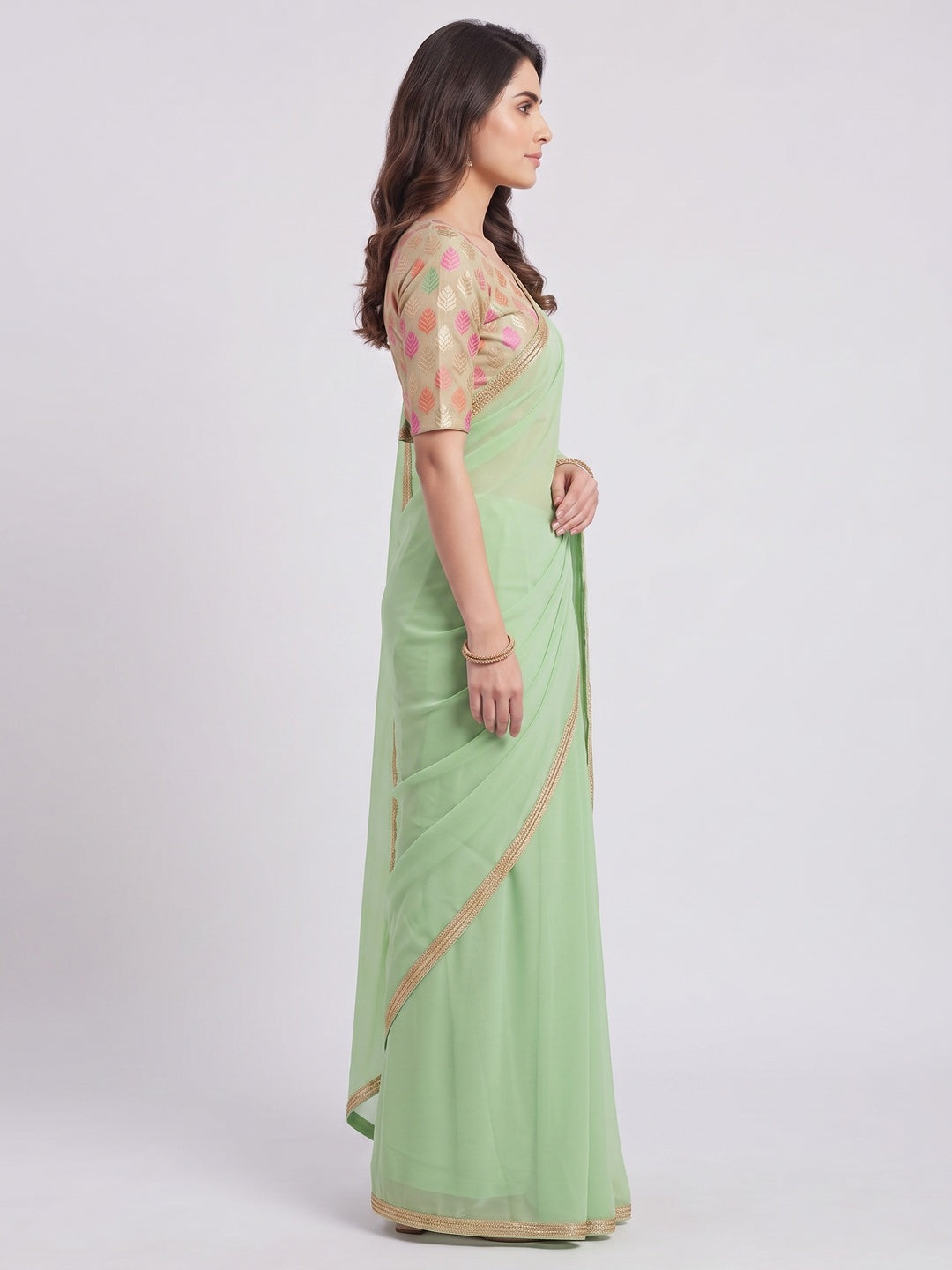 Green Solid Chiffon Saree - Image 7