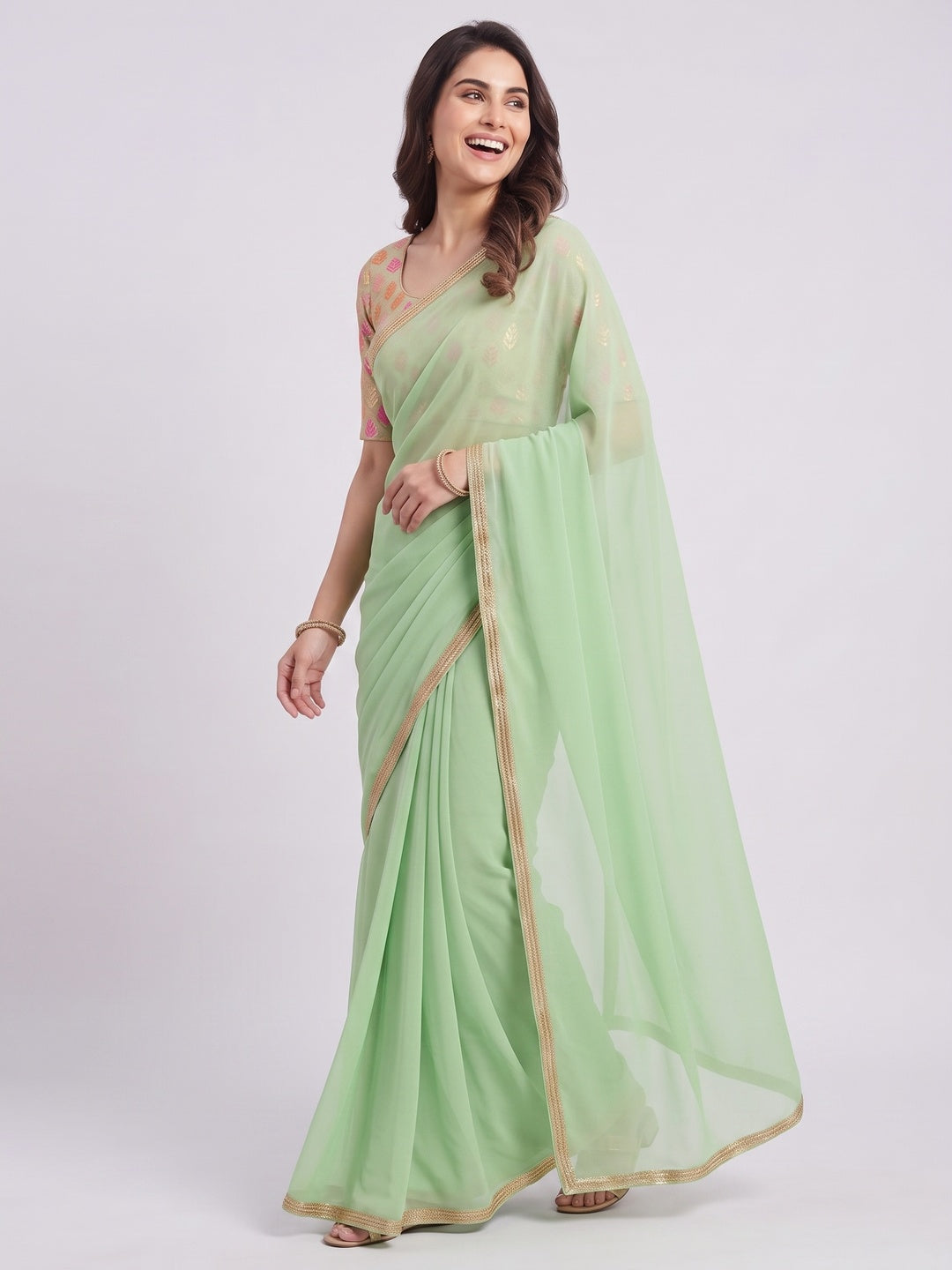 Green Solid Chiffon Saree - Image 8