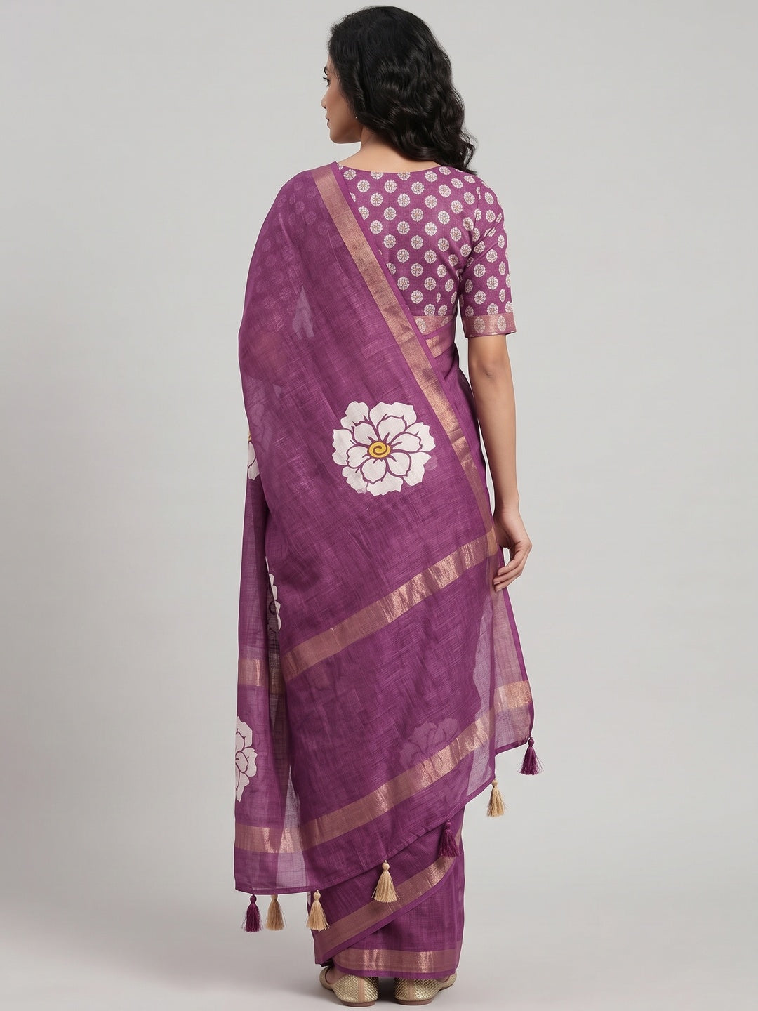 Graceful Purple Floral Printed Saree in Linen Silk with Delicate Tassel Accents - Image 2
